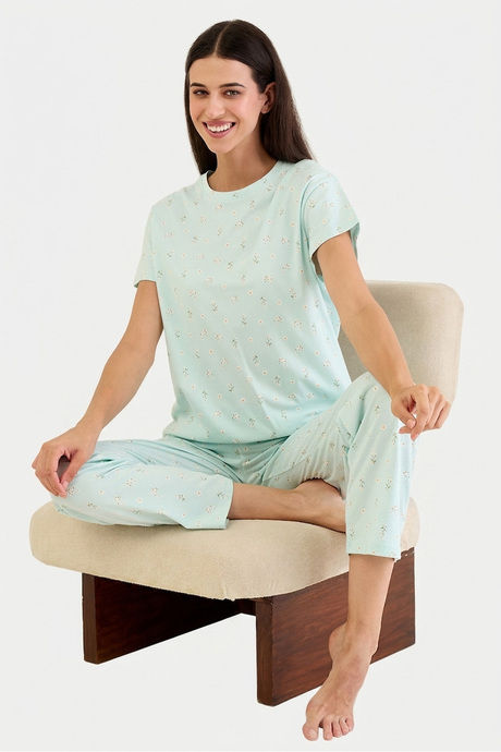 Sweet Dreams Floral Printed Pyjama  Set - Sea Green — image 3